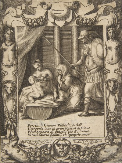 Juno overtaler Athena til at pleje den unge Hercules, sat inden for en udførlig ramme, fra..., 1531-76. af Giulio Bonasone