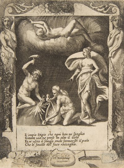 Litigium fjernet fra kroppen af Chaos, mens hans mor kastes i luften, sat med..., 1531-76. af Giulio Bonasone