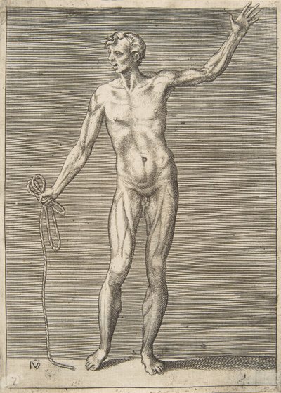 Mand set forfra, med et reb i højre hånd, 1500-tallet. af Giulio Bonasone