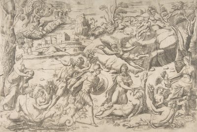 Mars og Rhea Silvia: i midten holder Mars et skjold og sværd, Rhea Silvia sover..., ca 1531-76. af Giulio Bonasone