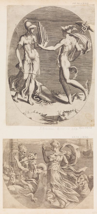 Mercury præsenterer et panrør for Minerva. af Giulio Bonasone