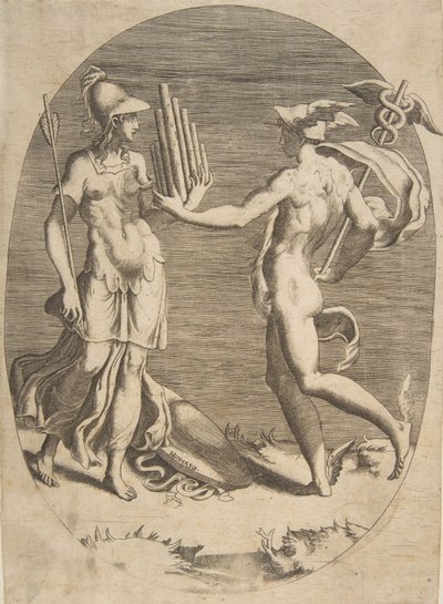 Mercury præsenterer en panrøre til Minerva, der står til venstre, en oval komposition, 1531-76. af Giulio Bonasone