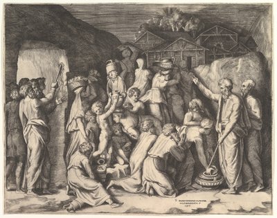 Moses fortæller israelitterne om at samle Manna og Moses slår klippen. af Giulio Bonasone