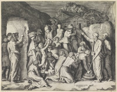 Moses befaler israelitterne at samle manna, og Moses slår vand ud af klippen af Giulio Bonasone