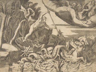Neptun i sin vogn bliver trukket af søheste, fra 