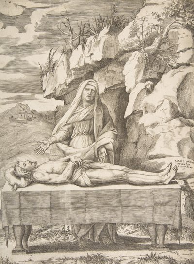Pieta, Kristus strakt ud på et bord i et landskab, Jomfruen stående bag våben ..., 1531-76. af Giulio Bonasone