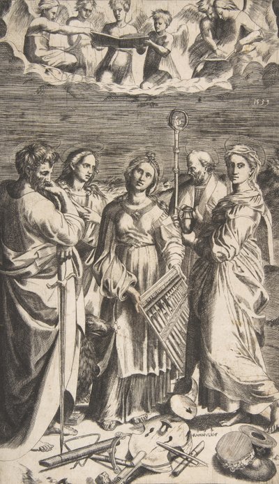 Sankt Cecilia stående i midten ledsaget af Sankt Paul, Magdalene, Sankt Johannes ..., 1531. af Giulio Bonasone
