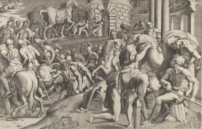 Trojanerne trækker træhesten ind i Troja, 1545. af Giulio Bonasone