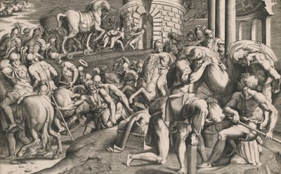 Trojanerne trækker træhesten ind i byen, 1545. af Giulio Bonasone