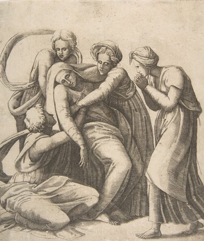 Jomfruen besvimer og bliver støttet i de hellige kvinders arme, 1531-76. af Giulio Bonasone