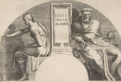 Kristi forfædre flankerer en indskrevet tavle, en buet topkomposition, 1531-76. af Giulio Bonasone