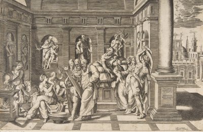 Johannes Døberens fødsel i en klassisk bygning, ca 1531-76 af Giulio Bonasone