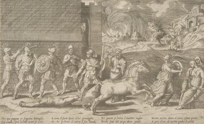 Kampen mellem Hector og Achilles, og Achilles, der slæber liget af Hector rundt i ..., 1531-76. af Giulio Bonasone