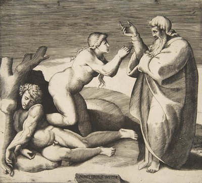 Skabelsen af Eva, der dukker op bag Adam, ca. 1530-70. af Giulio Bonasone