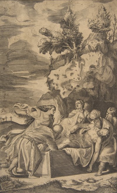 Kristi gravlæggelse, korsene på Golgata synlige i venstre baggrund, 1563. af Giulio Bonasone