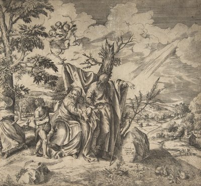 Resten af den hellige familie på deres flugt til Egypten, 1531-76. af Giulio Bonasone