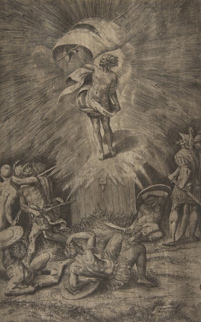Kristi opstandelse, med et banner i sin højre hånd, soldater omkring t..., 1561. af Giulio Bonasone