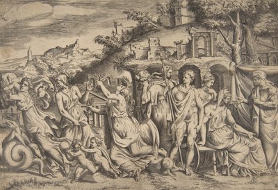 Historien om Jason og Medea til venstre bærer hun af sin søn, i midten er hun ..., 1531-76. af Giulio Bonasone