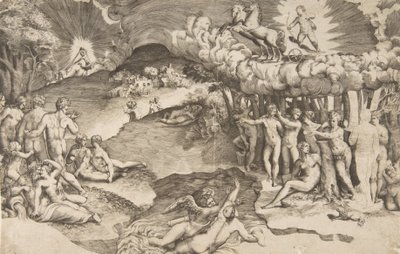 Kærlighedens triumf, Amor, der kører på en vogn trukket af enhjørning, er øverst til højre, nøgen ..., 1545. af Giulio Bonasone
