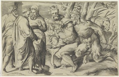 To satyrer bringer Silenus til kong Midas af Giulio Bonasone