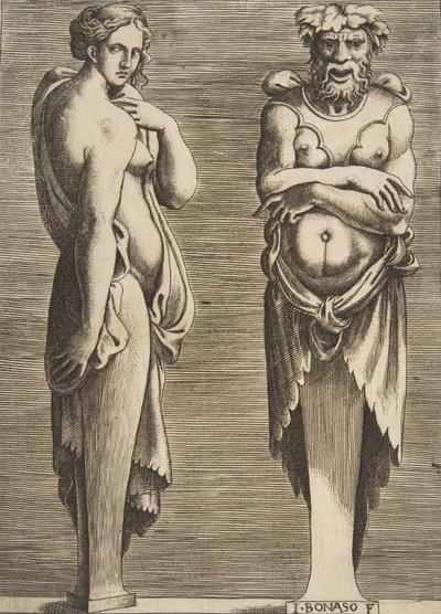 To led, en nymfe til venstre Silvanus til højre, ca. 1530-50. af Giulio Bonasone
