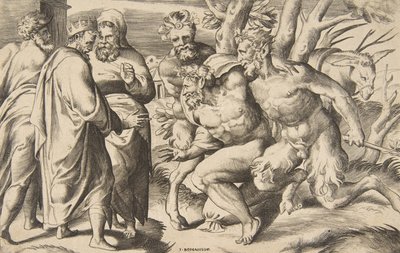 To satyrer, der bringer Silenus kong Midas stående til venstre, 1531-76. af Giulio Bonasone