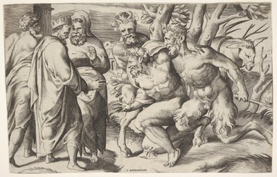 To satyrer fører Silenus til kong Midas, som står til venstre med to mandlige ledsagere..., ca. 1550-80. af Giulio Bonasone