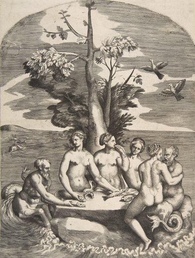 To havguder ledsaget af fire nymfer, 1531-76. af Giulio Bonasone