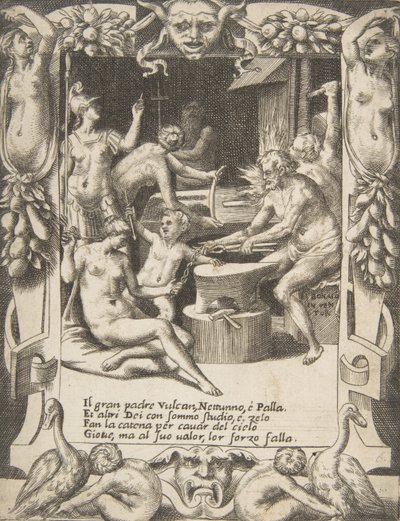 Vulcan, Neptun, Athena og andre guder, der laver lænker for at trække Jupiter fra himlen..., 1531-76. af Giulio Bonasone