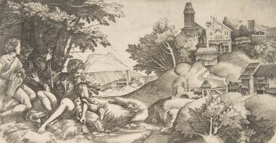 Til venstre fire hyrder med musikinstrumenter siddende under en gruppe træer..., ca. 1517 af Giulio Campagnola