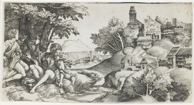 Hyrder i et landskab, ca. 1517-1518 af Giulio Campagnola