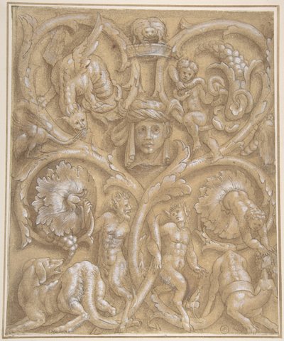 Design til et dekorativt panel med Rinceaux, Satyrs, Putti, monstre og et menneskehoved, 1535-45. af Giulio Campi.