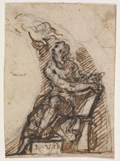 Siddende mand med skrifttavle(?). Arkitektur Detalje af Giulio Campi