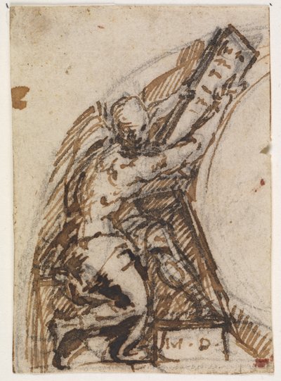 Siddende mand med skrifttavle(?). Arkitektur Detalje af Giulio Campi