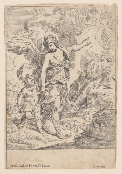 En skytsengel, der går hånd i hånd med et lille barn, 1640-60. af Giulio Carpioni