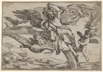 Luft, repræsenteret af Iris tilbagelænet på sin regnbue, ledsaget af en bevinget putto bearin..., 1640-60. af Giulio Carpioni
