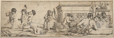 Bacchanal med spædbarnssatyrer og putti til venstre, en nøgen mandsskikkelse læner sig tilbage foran o..., 1633-78. af Giulio Carpioni