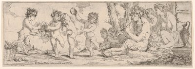 Bacchanal med satyr, der spiller lut og omgivet af fire skikkelser, som ser ud mod et s..., 1640-60. af Giulio Carpioni