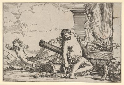 Ild, repræsenteret af Venus siddende før Vulcans smedning, med rustning, en kanon og kanon..., 1640-60. af Giulio Carpioni