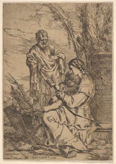 Hellig Familie med Jomfruen læser, Jomfruen sidder i profil med en bog i venstre side..., 1640-60. af Giulio Carpioni