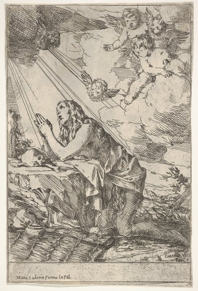 Den angrende Magdalen knæler på en stenet grund foran et kranium og knogler, en salve ..., ca. 1640-55. af Giulio Carpioni