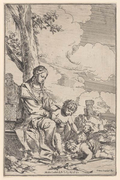 Den hellige familie med spædbarnet Saint John kysser Kristi fødder, 1640-60. af Giulio Carpioni