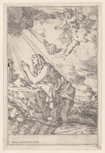 Den angrende Saint Mary Magdalene, knælende foran et kranium og knogler, 1640-60. af Giulio Carpioni