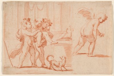 To Putti, der bærer en tredje Putto; Endnu en Putto bagfra af Giulio Carpioni