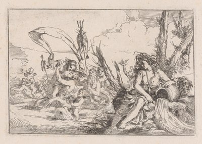 Vand, repræsenteret ved en naiad, der sidder ved bunden af et træ..., 1640-60. af Giulio Carpioni