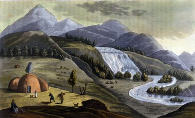 Landskab af Lapland (territorier tilhørende Norge, Sverige, Finland og Rusland), boliger for de indfødte (samer) i "" Den gamle og moderne dragt"" af Ferrario, red. Milano af Giulio Ferrario