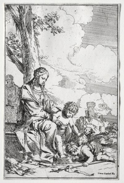 Hellig Familie med spædbarnet St. John af Giulio I Carpioni