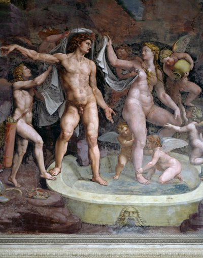 Bath of Mars and Venus, freskomaleri af Giulio Romano (1499-1546), nordvæggen af Chamber of Cupid and Psyche, Palazzo Te, Mantua (UNESCOs verdensarvsliste, 2008), Lombardiet, Italien af Giulio Romano