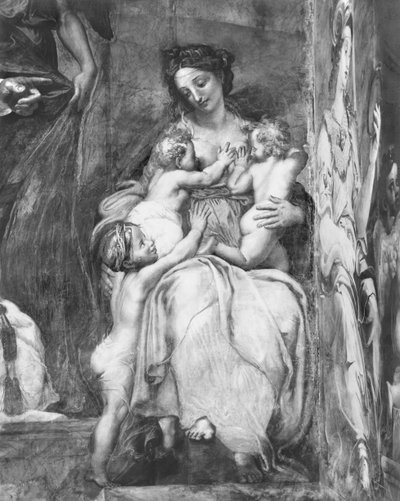 Charity, en af de to dyder omkring Pave St. Urban I (d.230) Raphael Rooms (detalje) (se også 252782, 252784, 252785) af Giulio Romano