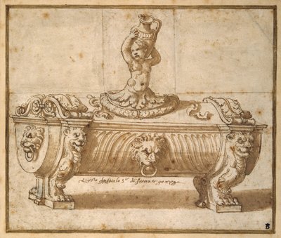 Design til en slikæske (pen og brun blæk med vask på papir) af Giulio Romano
